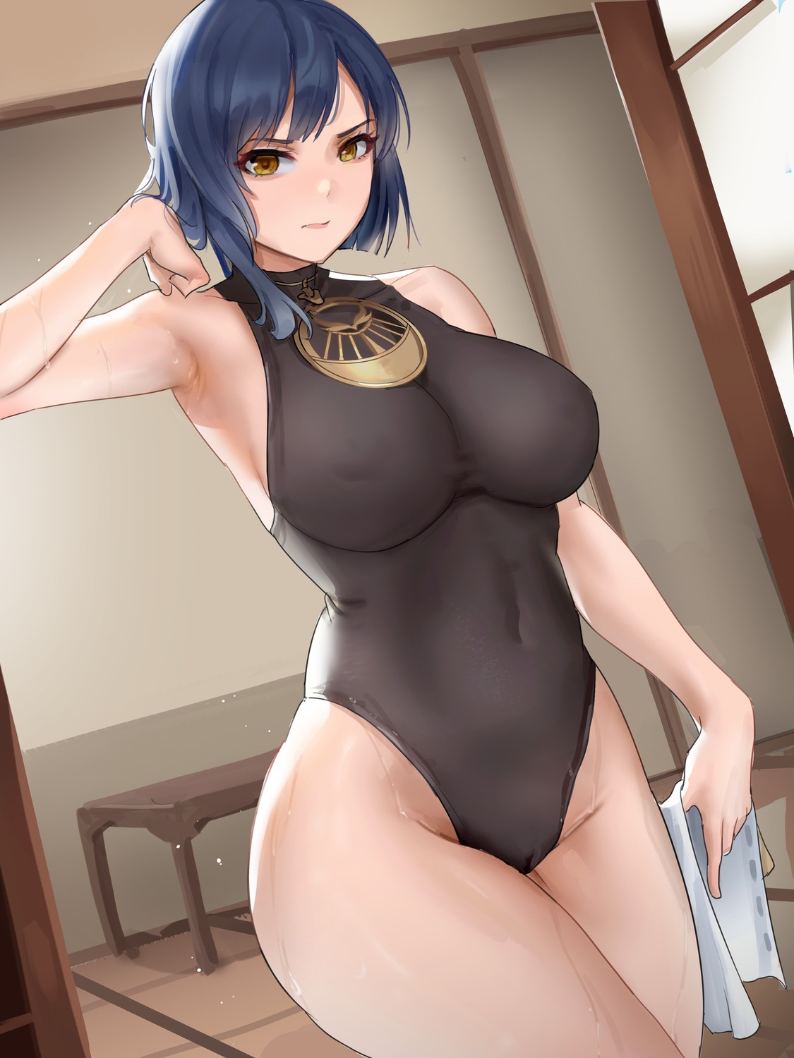 cameltoe erect_nipples genshin_impact kujou_sara leotard no_bra nopan shikube