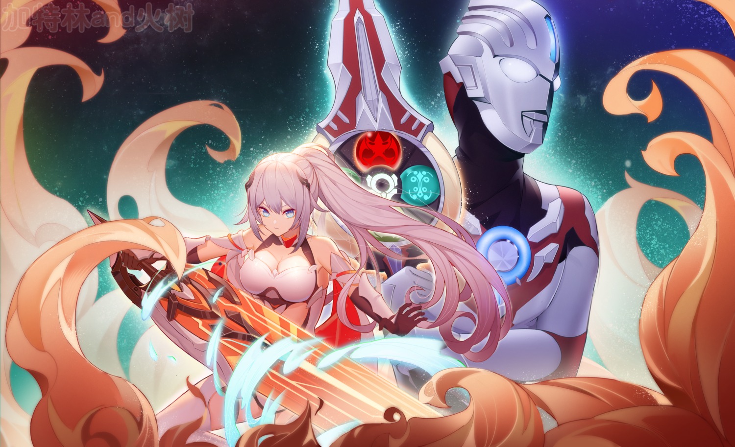 benghuai_xueyuan cleavage crossover honkai_impact jinjide_shaonian kiana_kaslana sword ultraman ultraman_orb