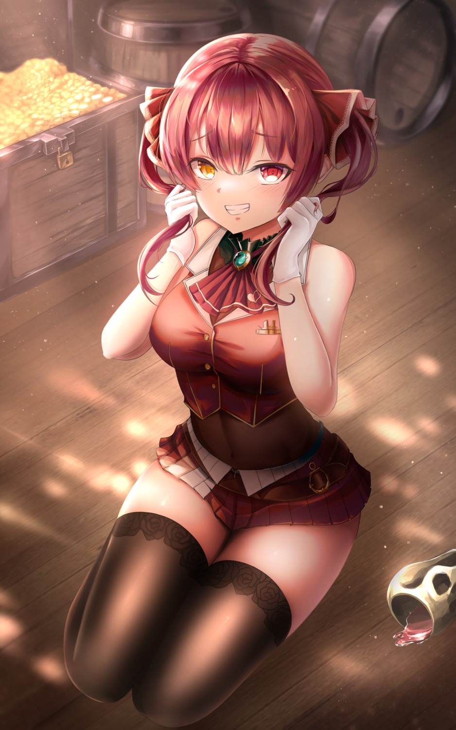 heterochromia hololive houshou_marine leehong skirt_lift thighhighs