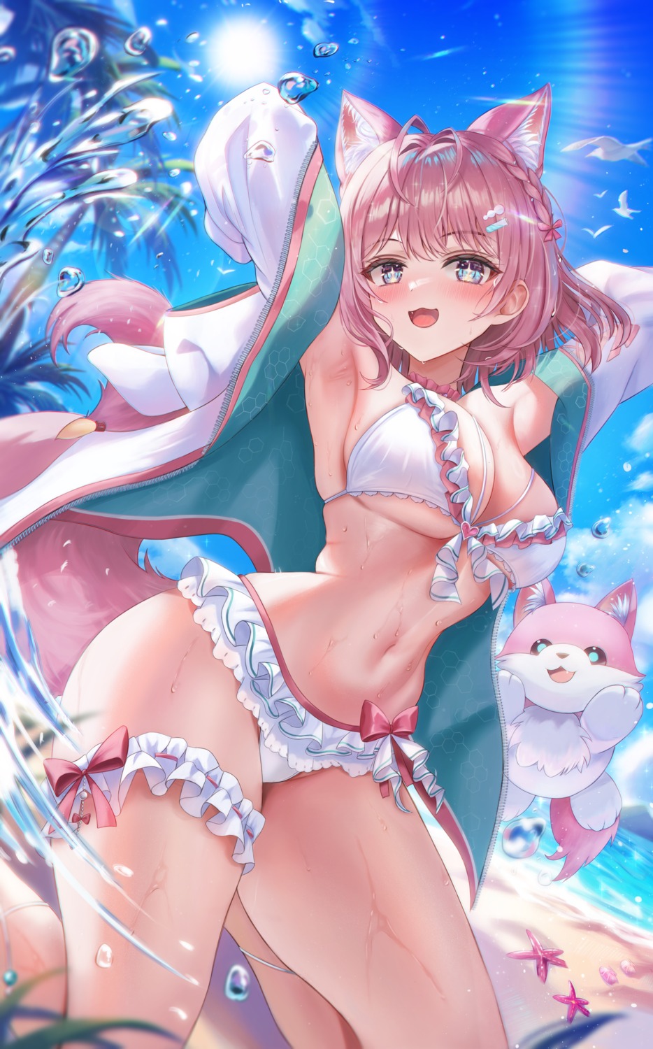 animal_ears bikini garter hakui_koyori hololive open_shirt starlip swimsuits tail wet