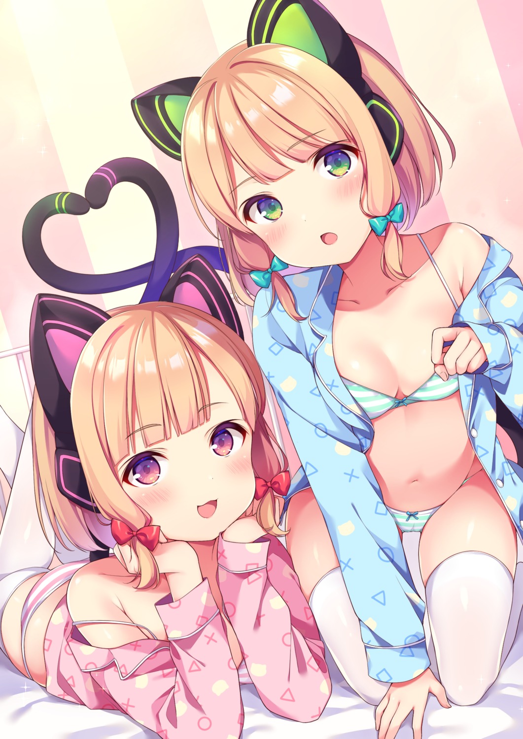 animal_ears blue_archive bra cameltoe cleavage headphones kofuyu_(cofyuuun) loli nekomimi open_shirt pajama pantsu saiba_midori saiba_momoi shimapan tail thighhighs