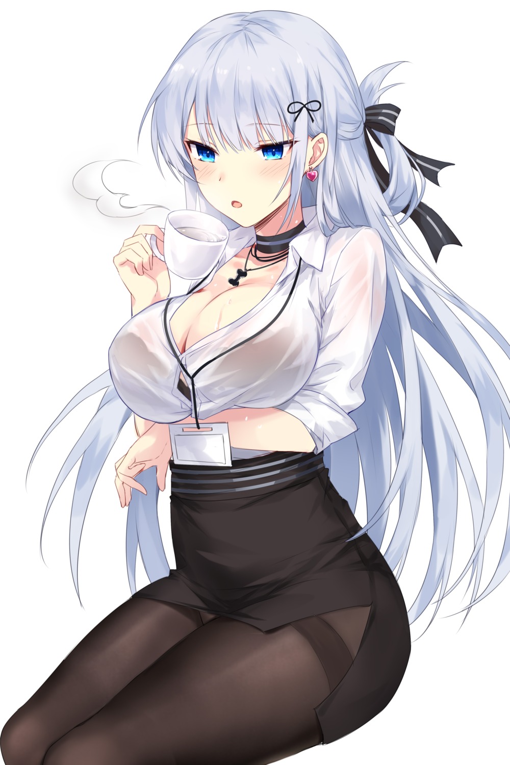 bra breast_hold devil_heavens dress_shirt open_shirt pantyhose see_through skirt_lift