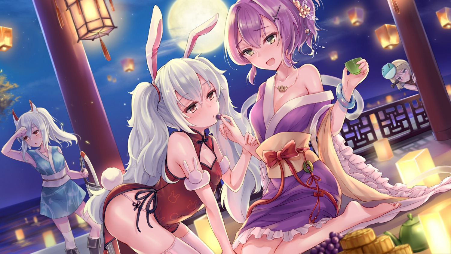 animal_ears ayanami_(azur_lane) azur_lane bunny_ears chinadress cleavage japanese_clothes javelin_(azur_lane) laffey_(azur_lane) open_shirt sword tail thighhighs wallpaper yuemanhuaikong