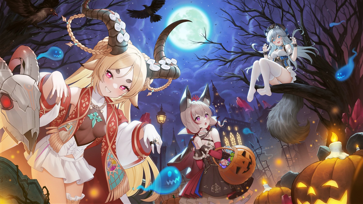 animal_ears fukuro_ko_(greentea) garter halloween horns no_bra pantsu skirt_lift thighhighs