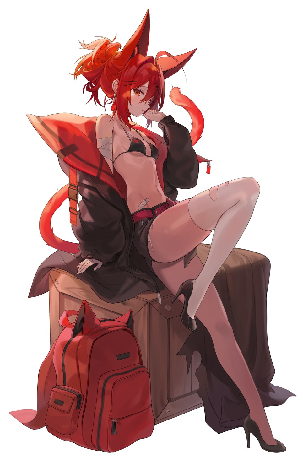 animal_ears bandages bra harusame_(user_wawj5773) heels open_shirt tail thighhighs torn_clothes