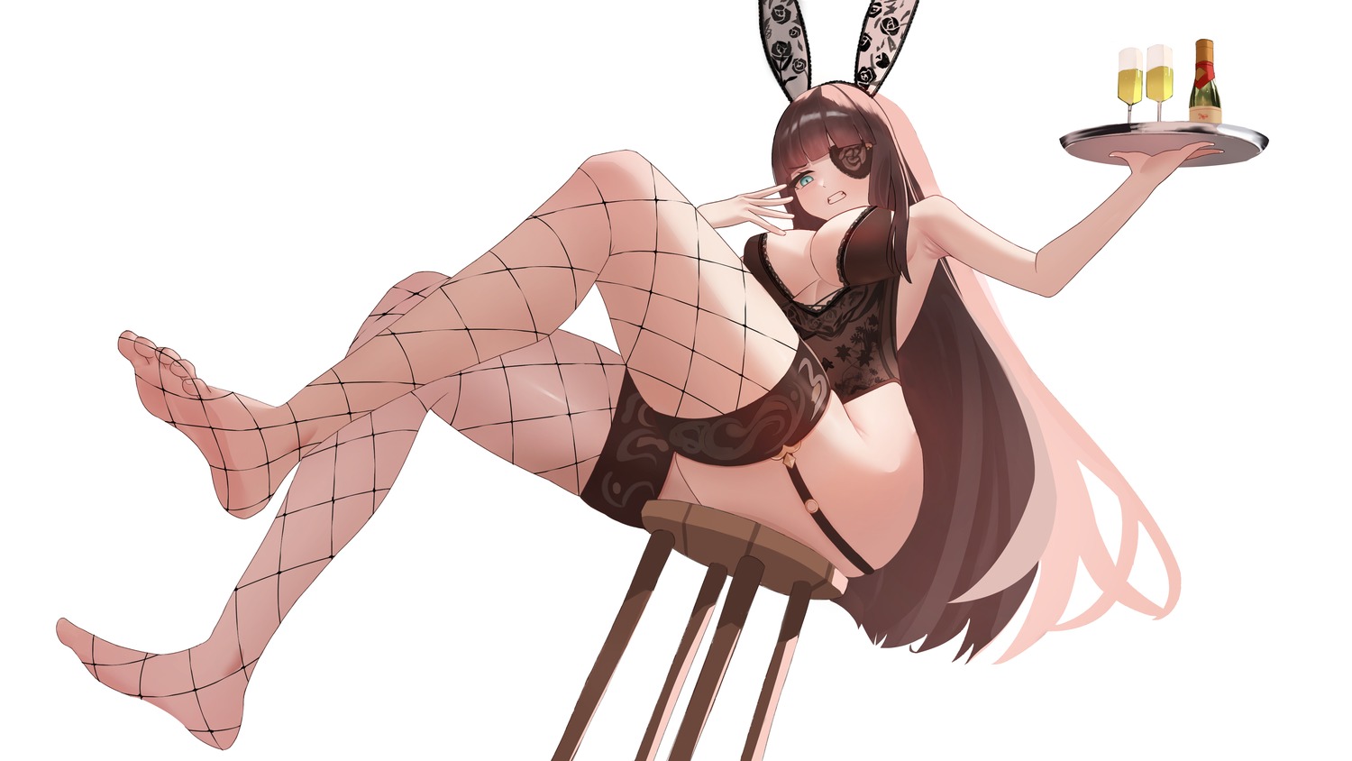 animal_ears brown_dust_ii bunny_ears bunny_girl celia_(brown_dust_ii) eyepatch feet fishnets lingerie nickname no_bra stockings thighhighs