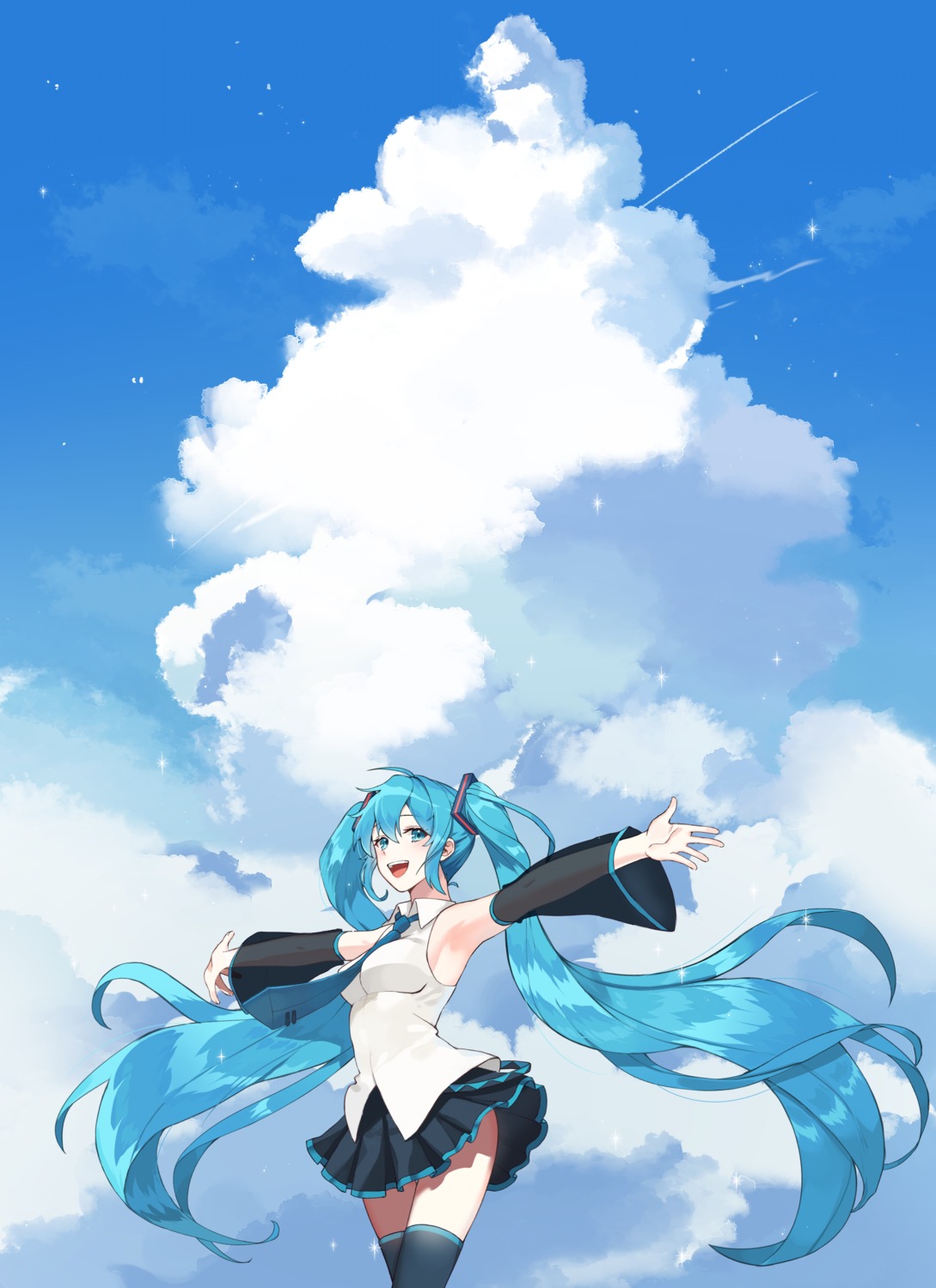 cannyu hatsune_miku landscape no_bra skirt_lift thighhighs vocaloid