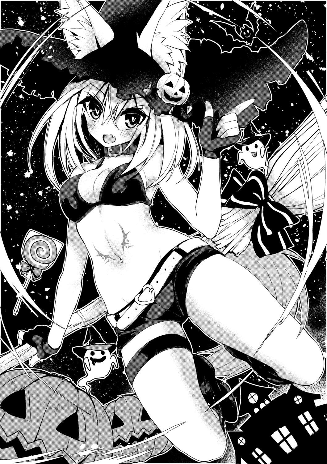 amakawa_sakko animal_ears bikini_top garter halloween monochrome swimsuits tail tattoo witch