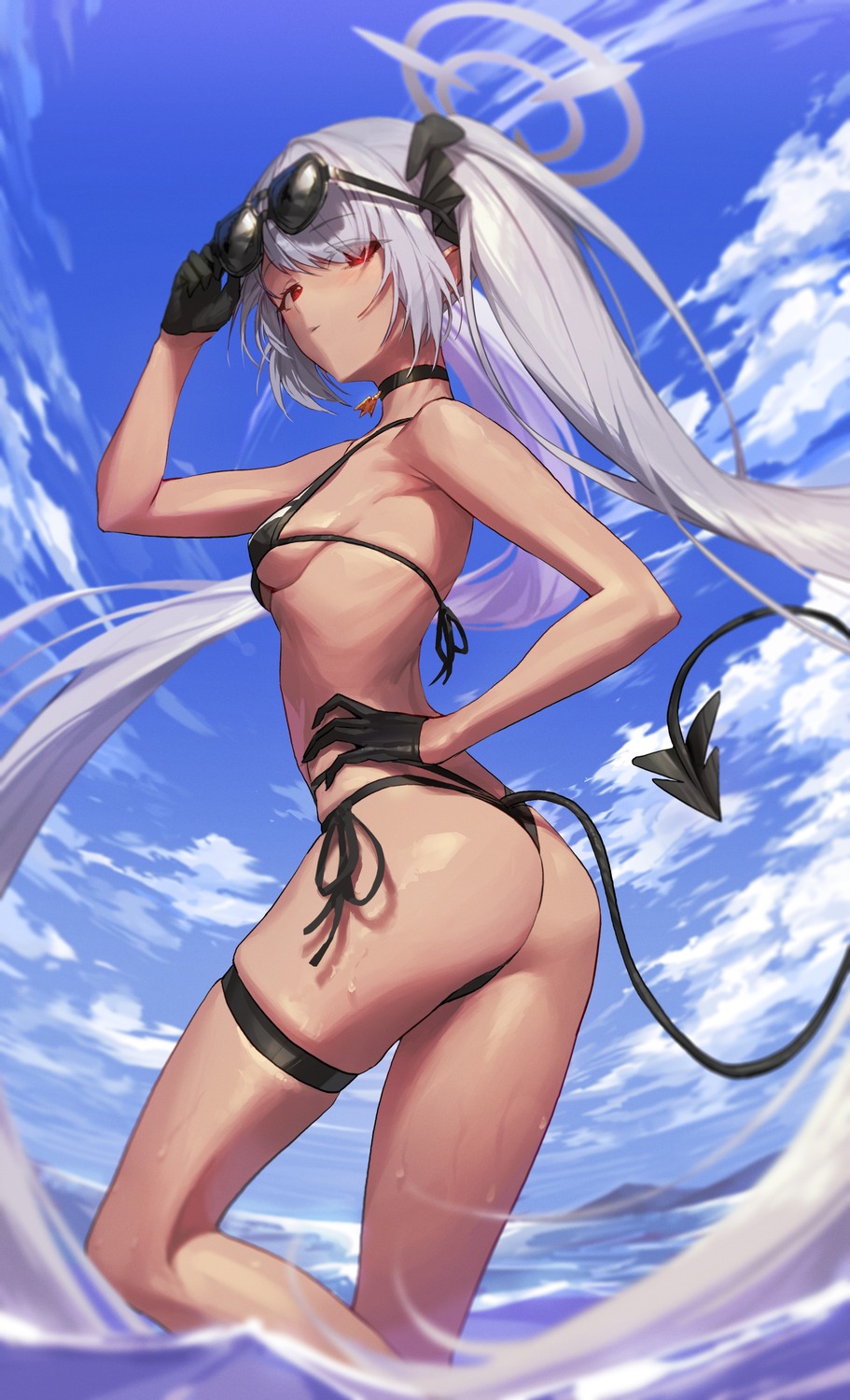 ass bikini blue_archive garter gstiyl halo megane pointy_ears shiromi_iori swimsuits tail thong wet