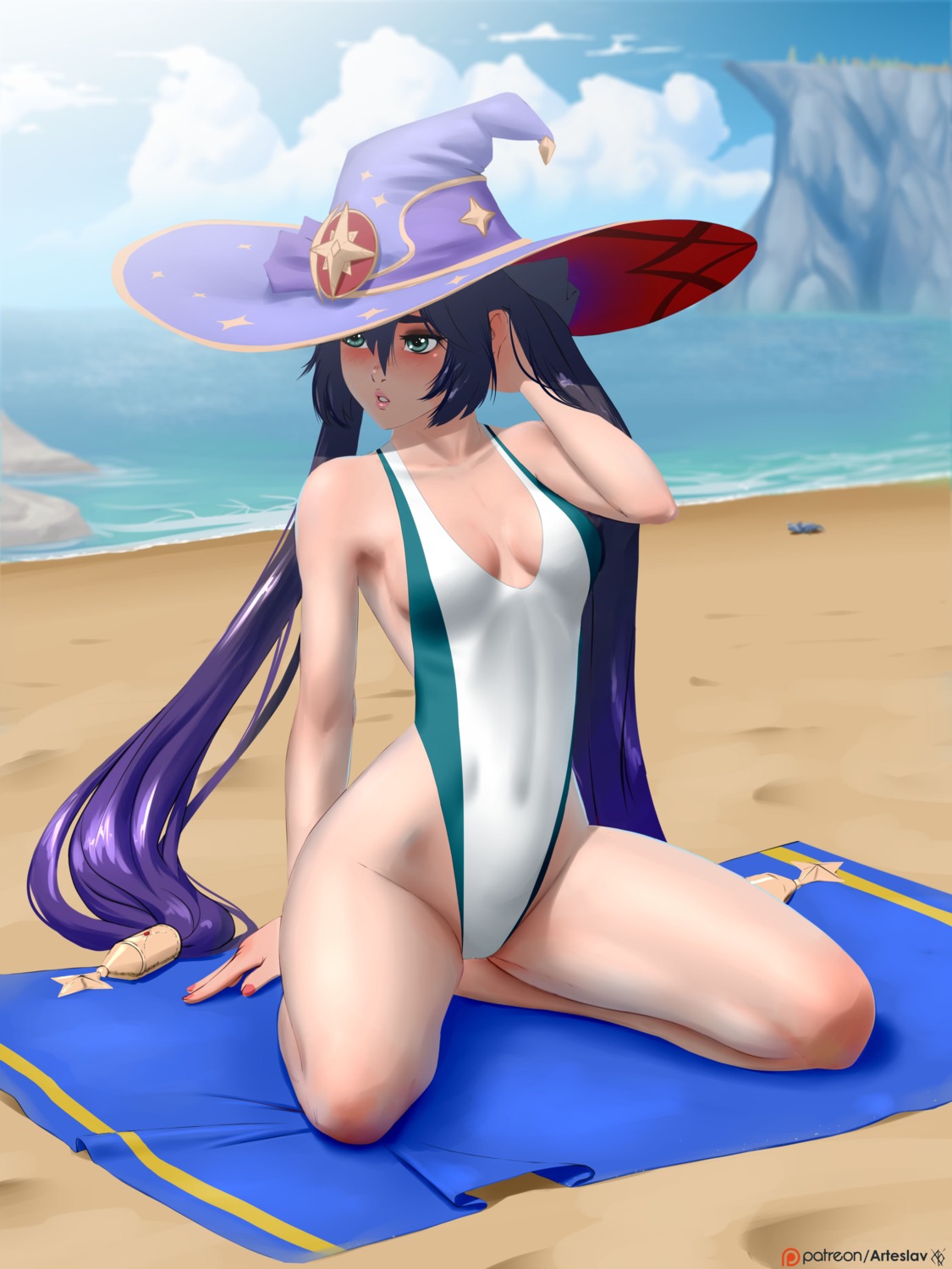 arteslav genshin_impact mona_megistus swimsuits witch