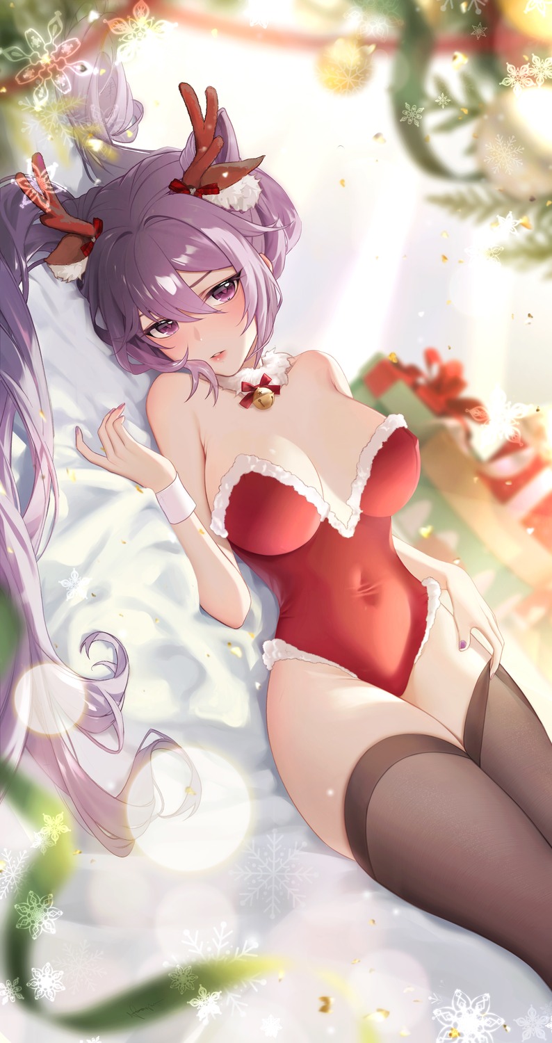 animal_ears christmas genshin_impact horns keqing leotard meisansan no_bra thighhighs