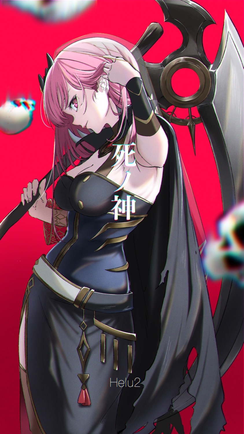 cleavage hololive hololive_english hz_(helu_2) mori_calliope no_bra torn_clothes weapon