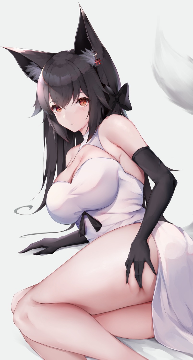 animal_ears cleavage dress kisaki_oni kitsune no_bra skirt_lift tail