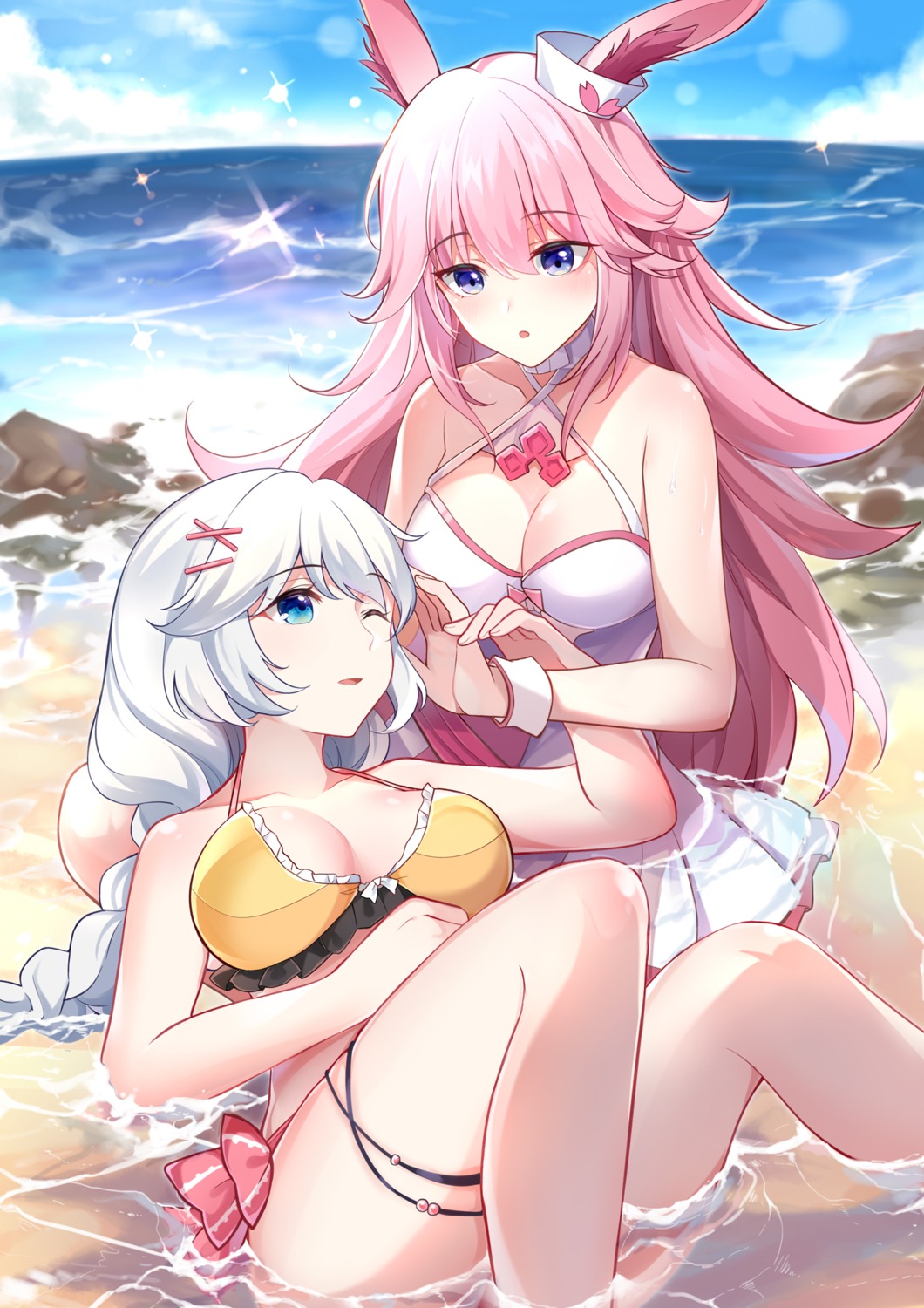 animal_ears benghuai_xueyuan bunny_ears garter gou_lianlian_dogface honkai_impact kallen_kaslana wet yae_sakura_(benghuai_xueyuan) yuri