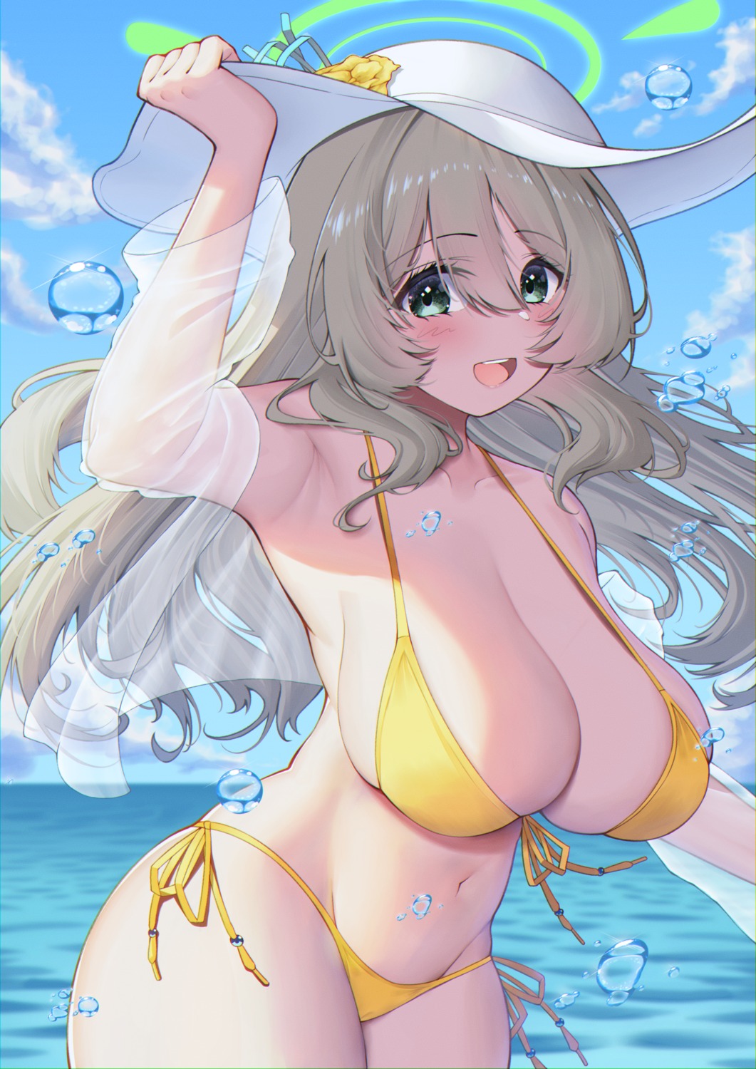 bikini blue_archive halo himeliofon izayoi_nonomi open_shirt see_through swimsuits wet