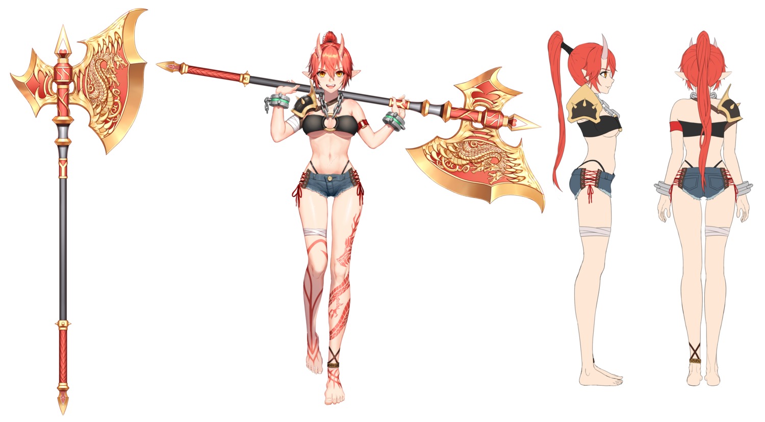 bandages bikini character_design cleavage horns pointy_ears sketch swimsuits tagme tattoo underboob weapon