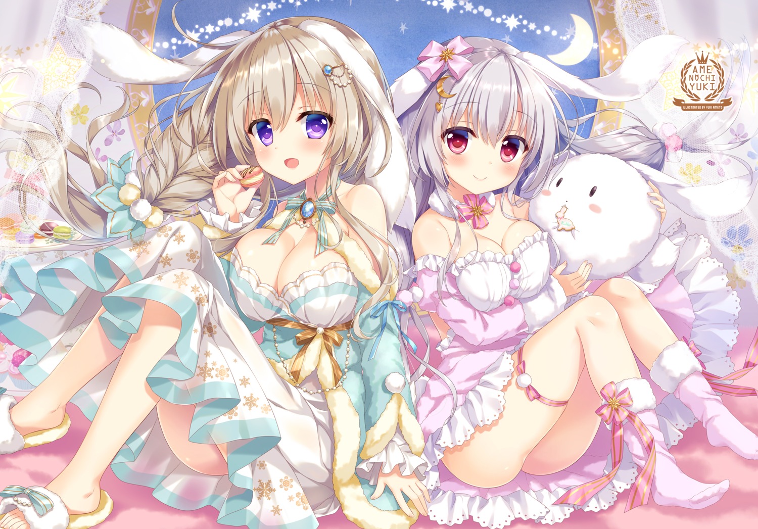 ameto_yuki animal_ears blanc_(ameto_yuki) breast_hold bunny_ears cleavage dress ecru_(ameto_yuki) garter loli skirt_lift tail