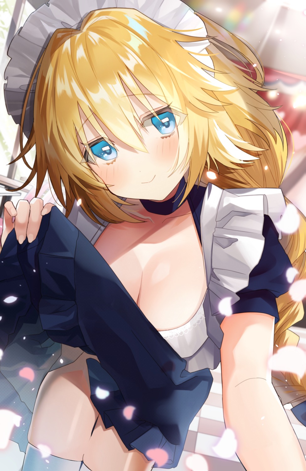 cleavage fate/grand_order jeanne_d'arc jeanne_d'arc_(fate) maid pomu_(pomu_me) skirt_lift thighhighs