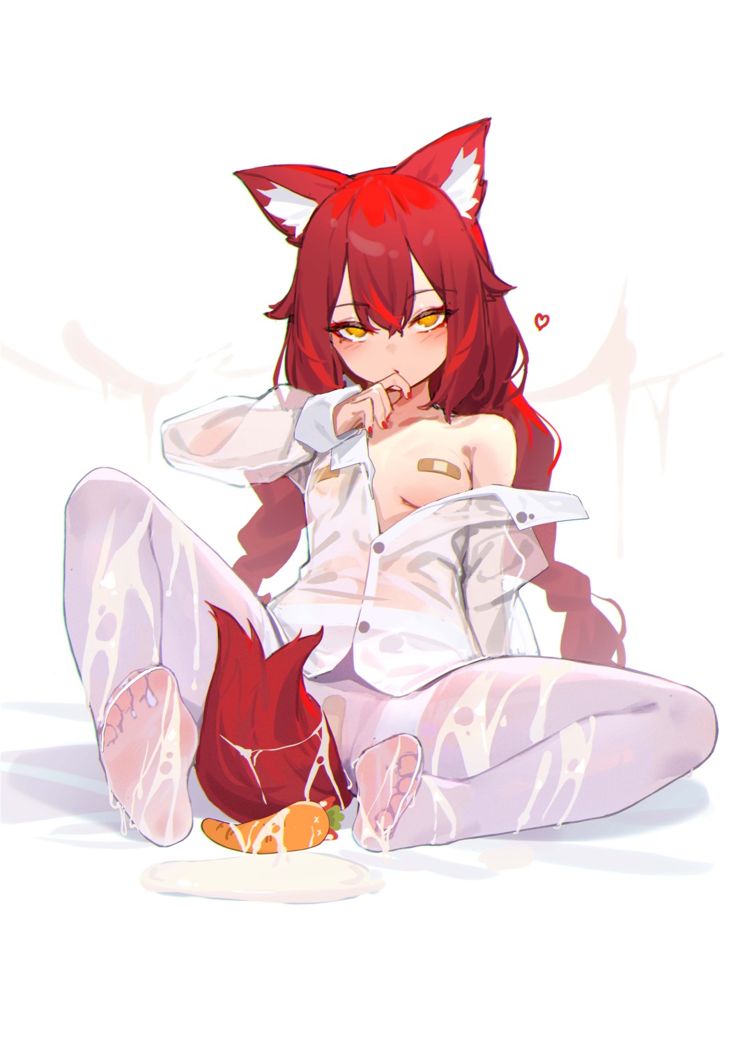 animal_ears bandaid breasts cream feet maebari open_shirt pantyhose pasties tail