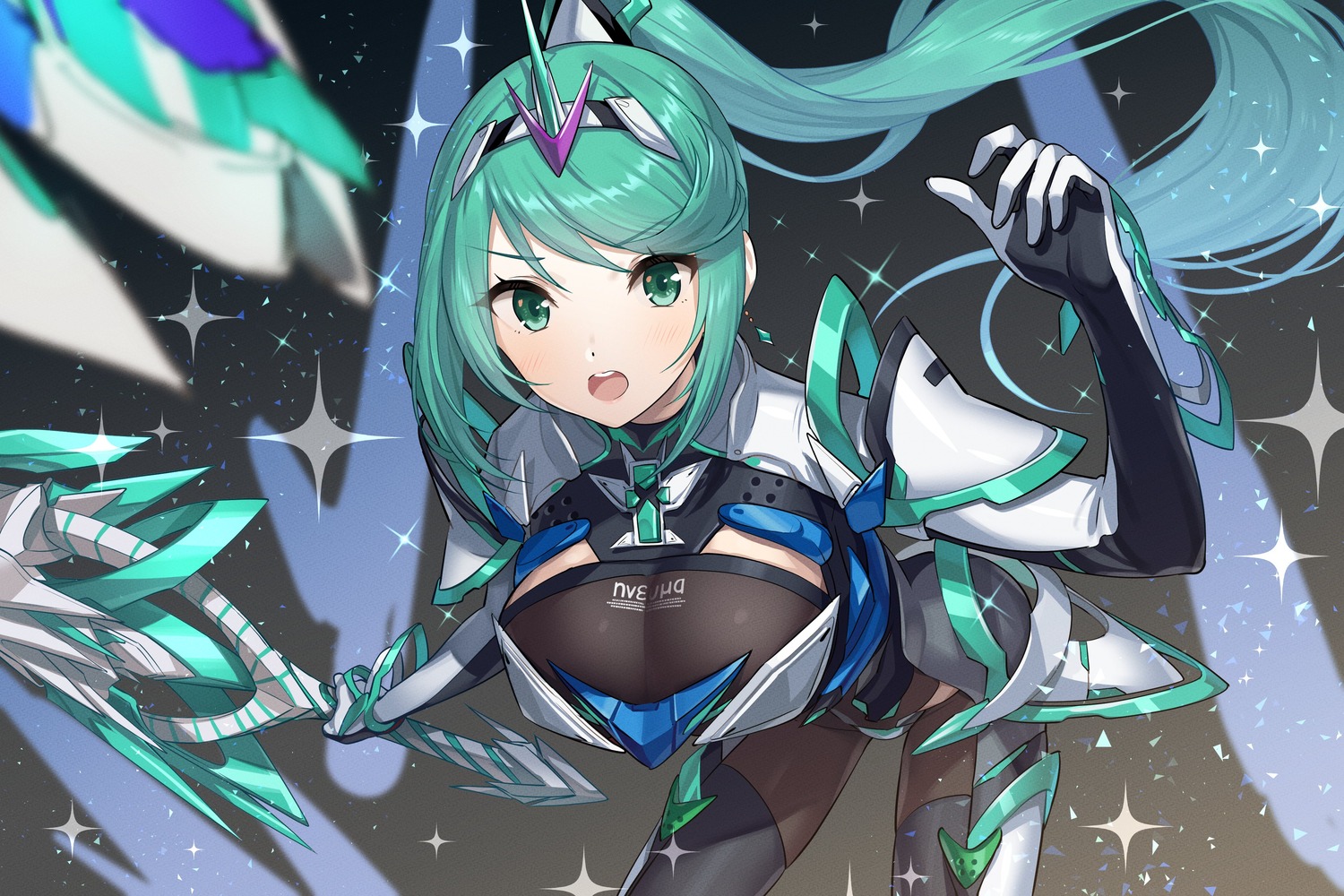 bodysuit green322 pneuma_(xenoblade_2) stockings sword thighhighs xenoblade xenoblade_chronicles_2