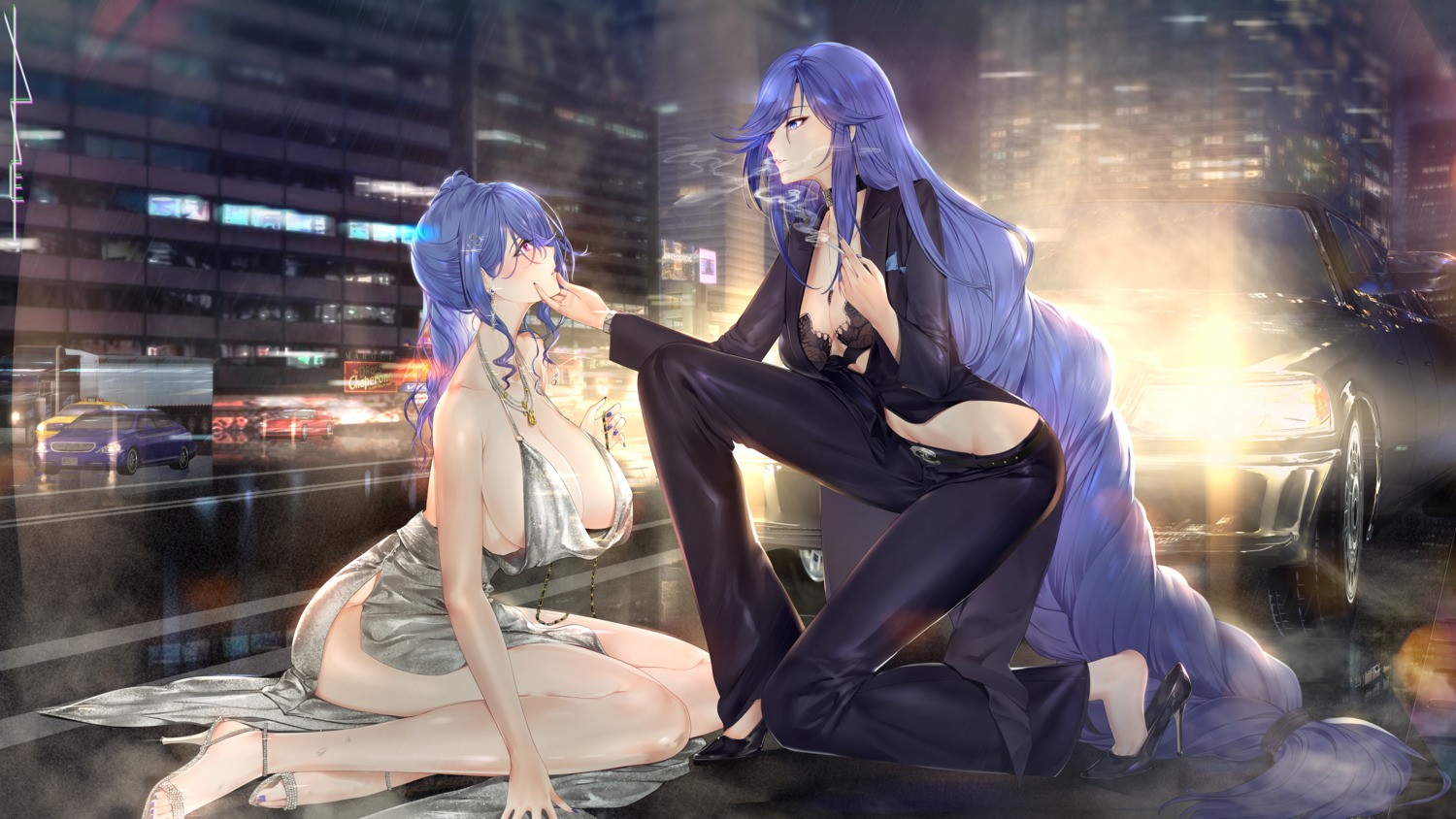 au11 azur_lane biloxi_(azur_lane) bra cleavage dress heels no_bra open_shirt smoking st._louis_(azur_lane) yuri