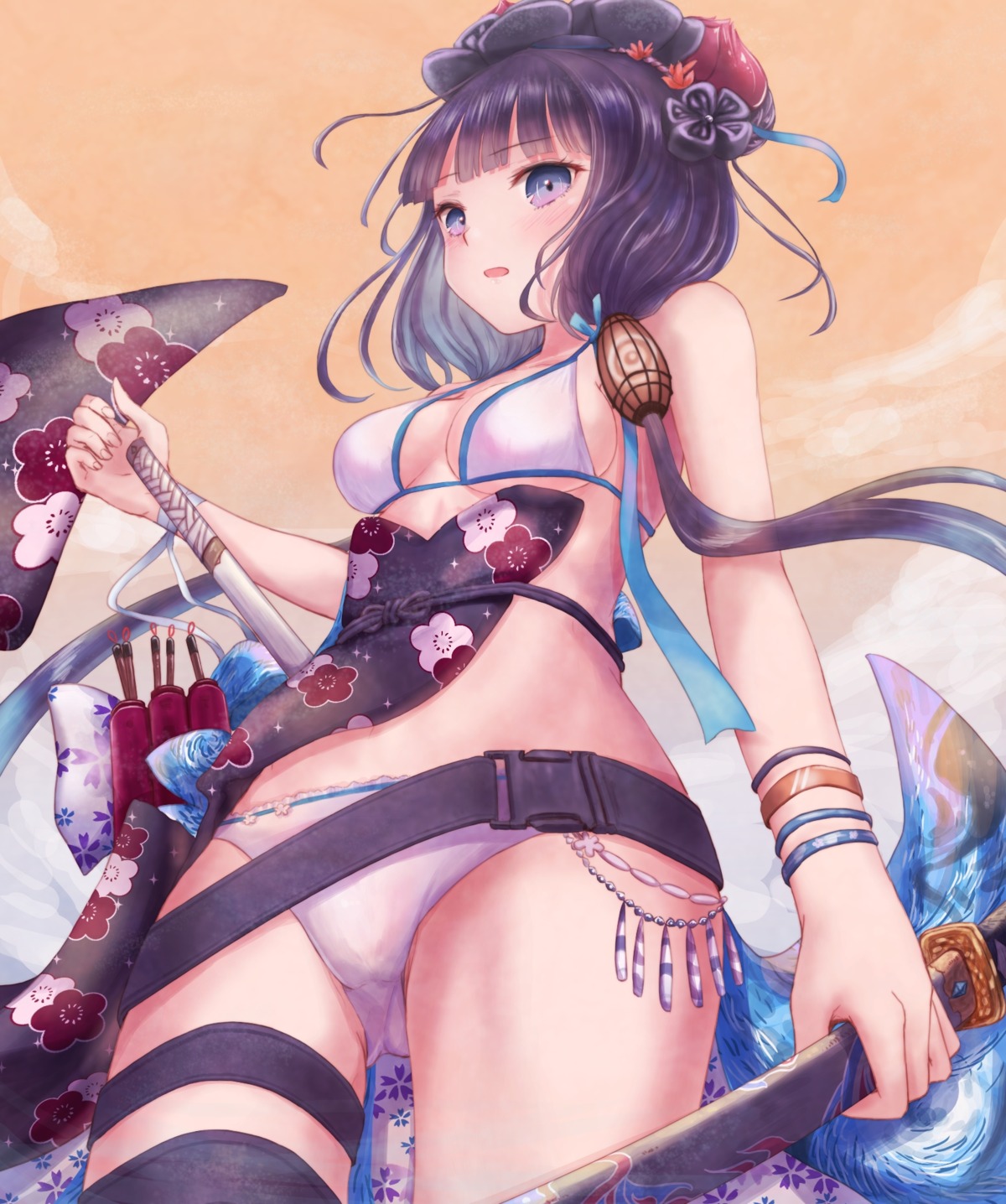 bikini fate/grand_order garter katsushika_hokusai_(fate) sanka_tan swimsuits sword thighhighs