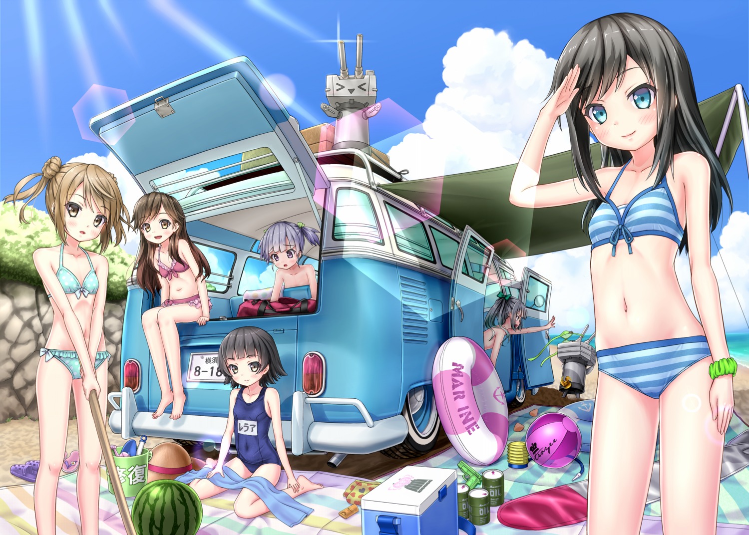 arare_(kancolle) arashio_(kancolle) asashio_(kancolle) bikini cleavage gotou_hisashi kantai_collection kasumi_(kancolle) michishio_(kancolle) naked ooshio_(kancolle) rensouhou-chan school_swimsuit swimsuits