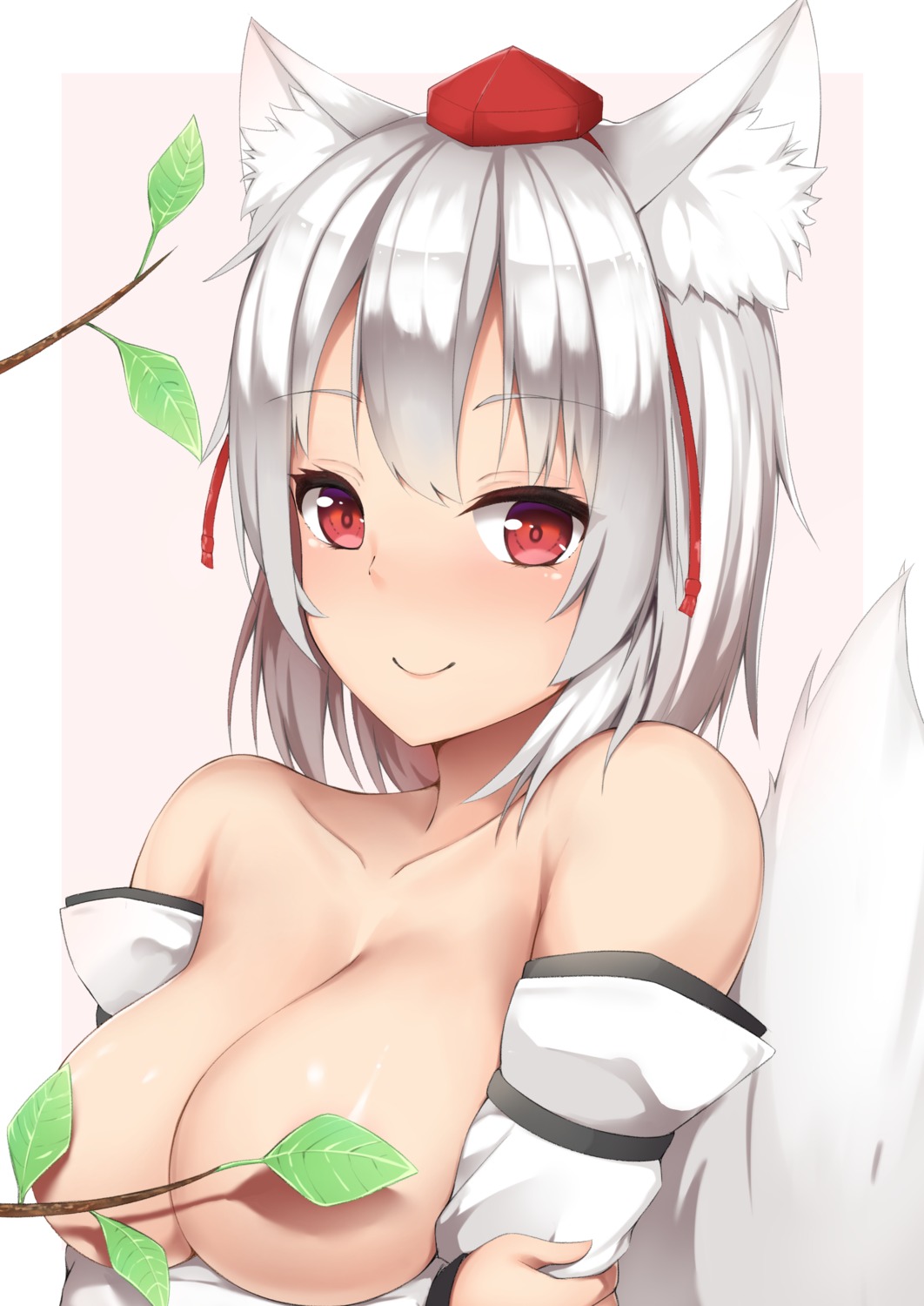 animal_ears breast_hold breasts inubashiri_momiji no_bra tail tatsumiya_kagari touhou