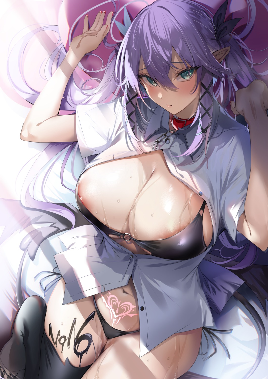 areola bra kakao nipple_slip open_shirt pantsu pointy_ears seifuku tail tattoo thighhighs wet