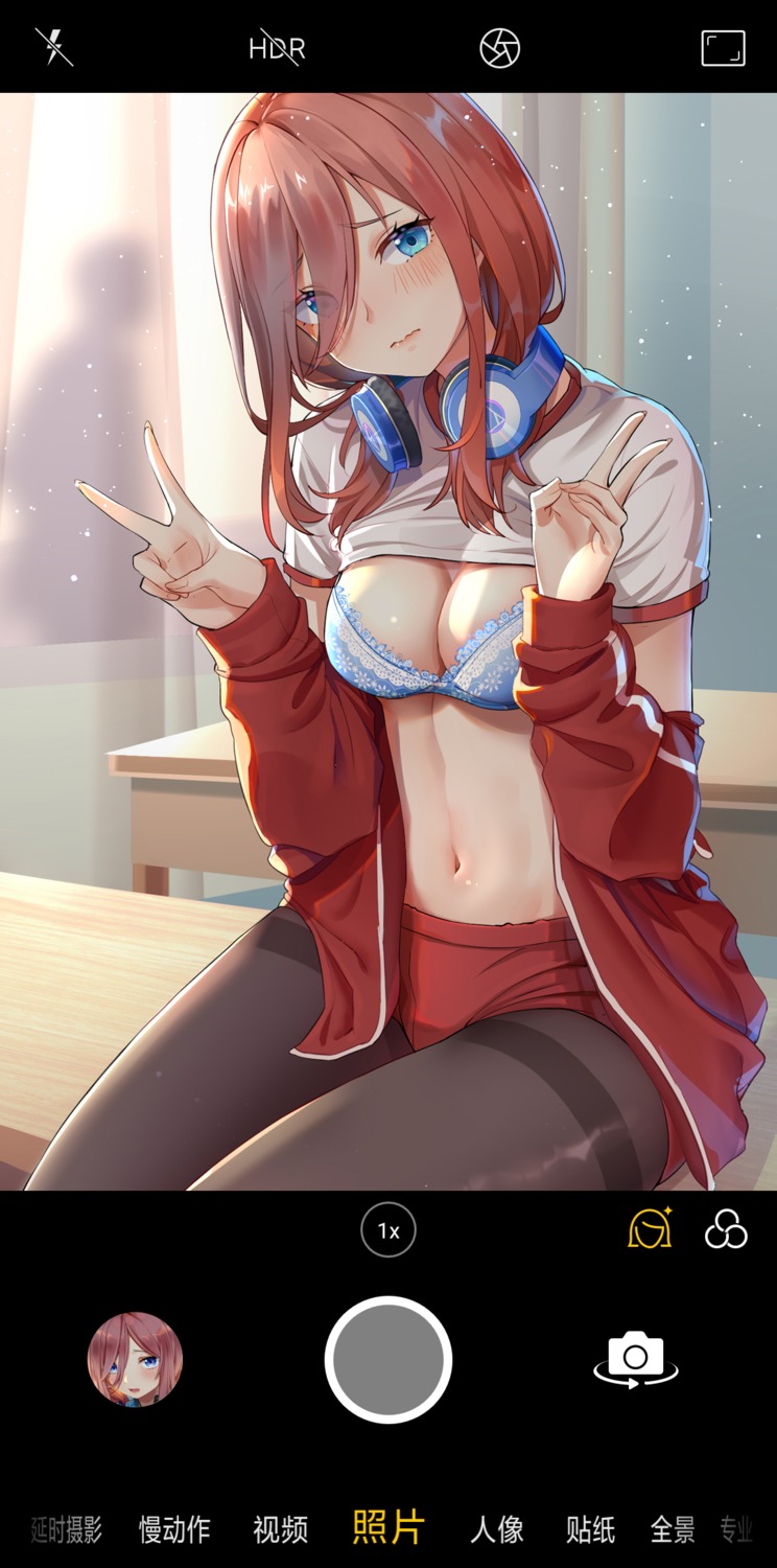 5-toubun_no_hanayome bra buruma cleavage gym_uniform headphones kongbai nakano_miku open_shirt pantyhose see_through shirt_lift