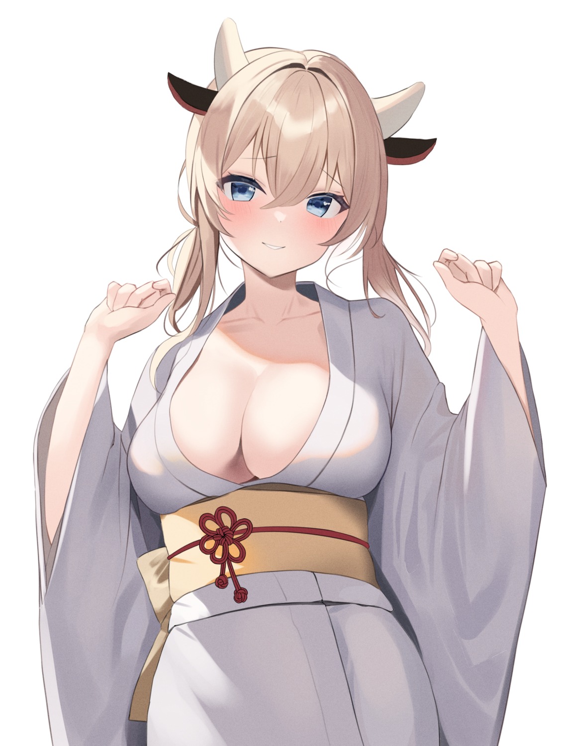 animal_ears horns no_bra open_shirt sencho_(whtv8535) yukata