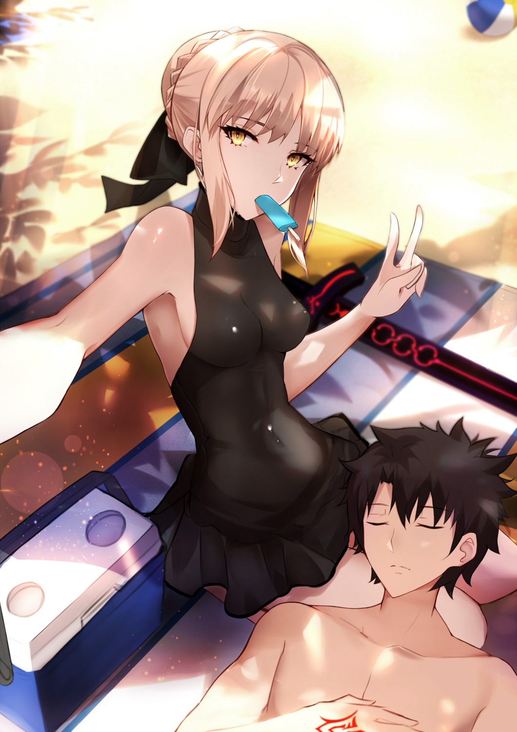 fate/grand_order fujimaru_ritsuka_(male) saber saber_alter shiguru swimsuits sword tattoo