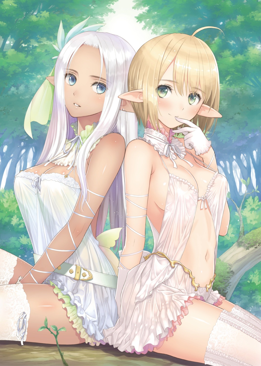 cleavage elf lingerie no_bra pointy_ears see_through thighhighs tony_taka