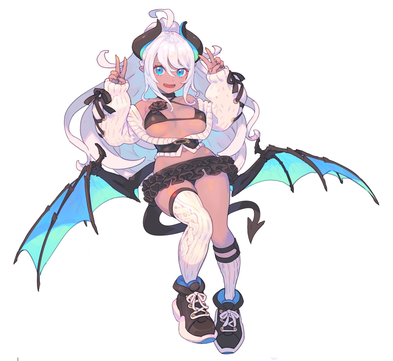 bikini enkyo_yuuichirou garter horns open_shirt pointy_ears sweater swimsuits tail thighhighs wings