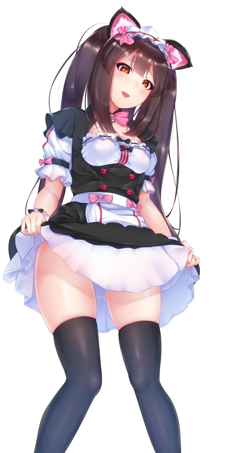 animal_ears chocola cleavage cosplay gacchu maid nekopara skirt_lift thighhighs