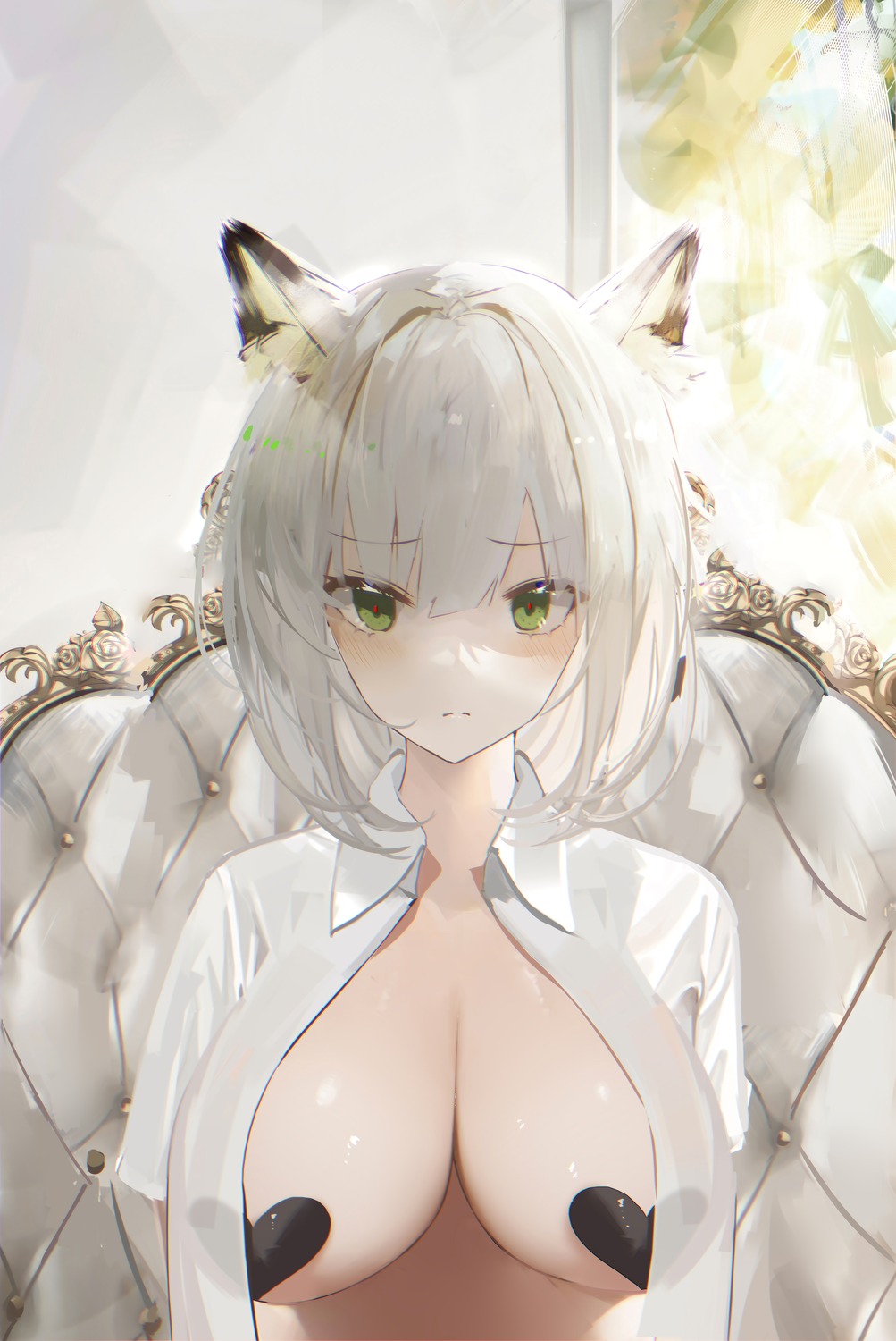 animal_ears arknights dress_shirt kal'tsit_(arknights) no_bra omone_hokoma_agm open_shirt pasties see_through