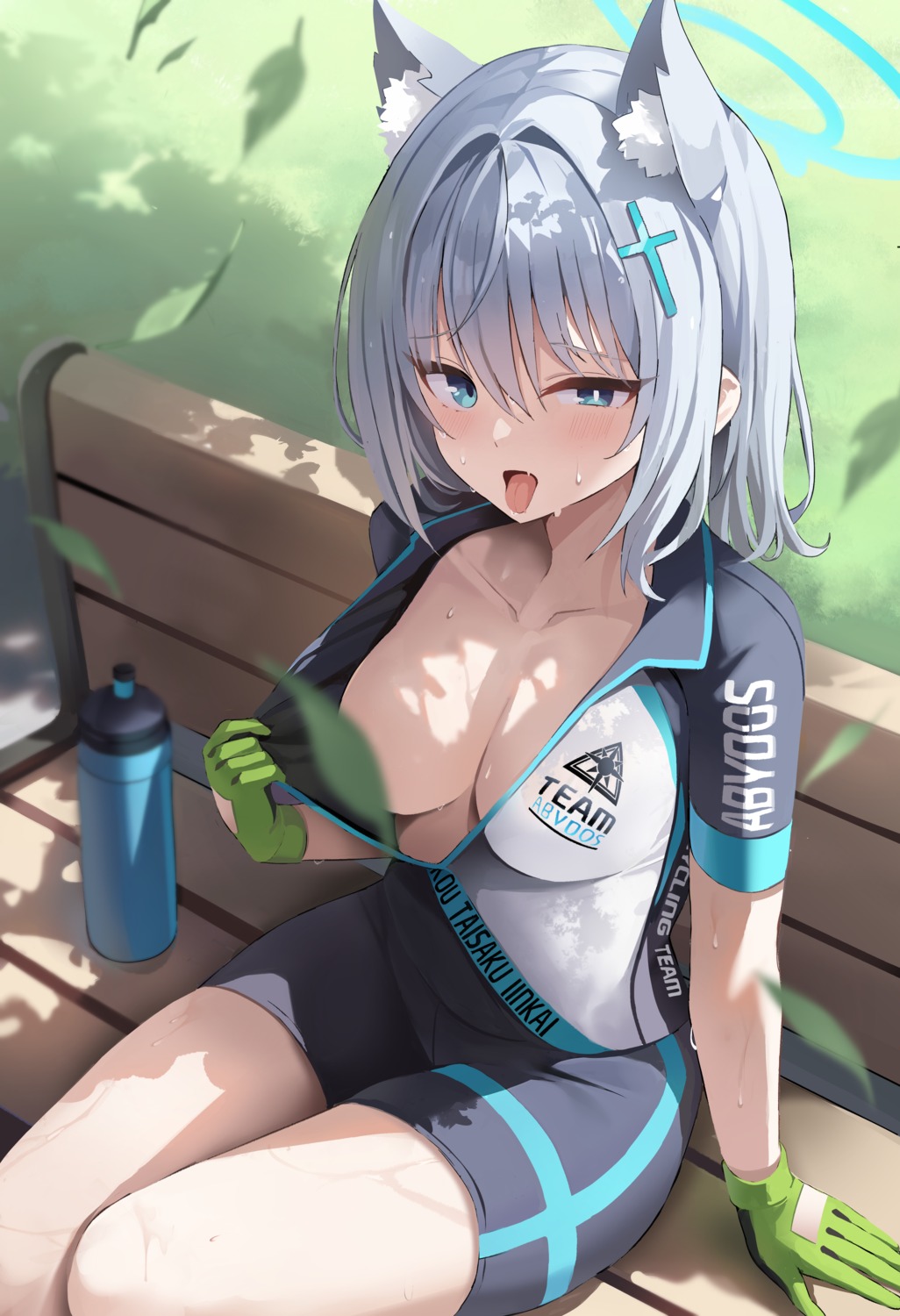 animal_ears bike_shorts blue_archive breasts censored halo nekomimi open_shirt redshark sunaookami_shiroko undressing