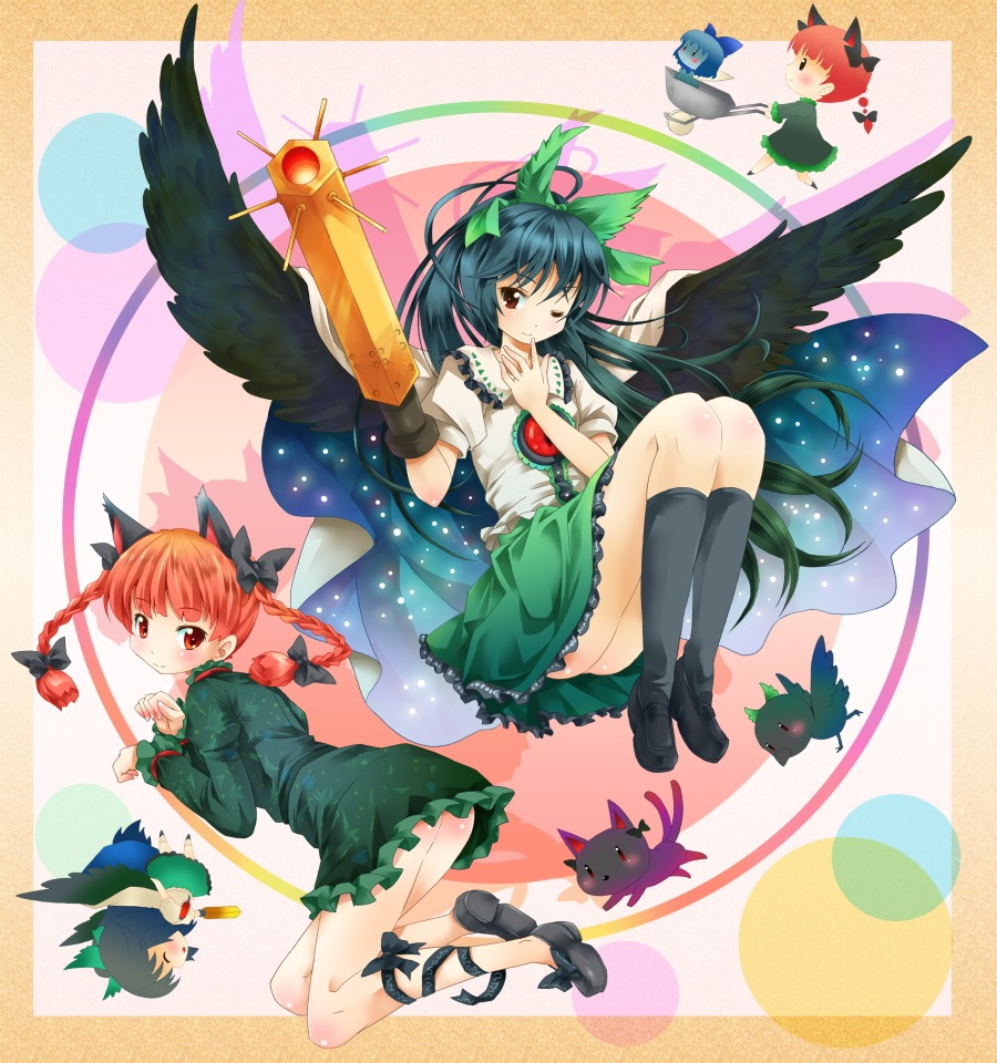 animal_ears chibi gun kaenbyou_rin michii_yuuki neko nekomimi reiuji_utsuho touhou wings