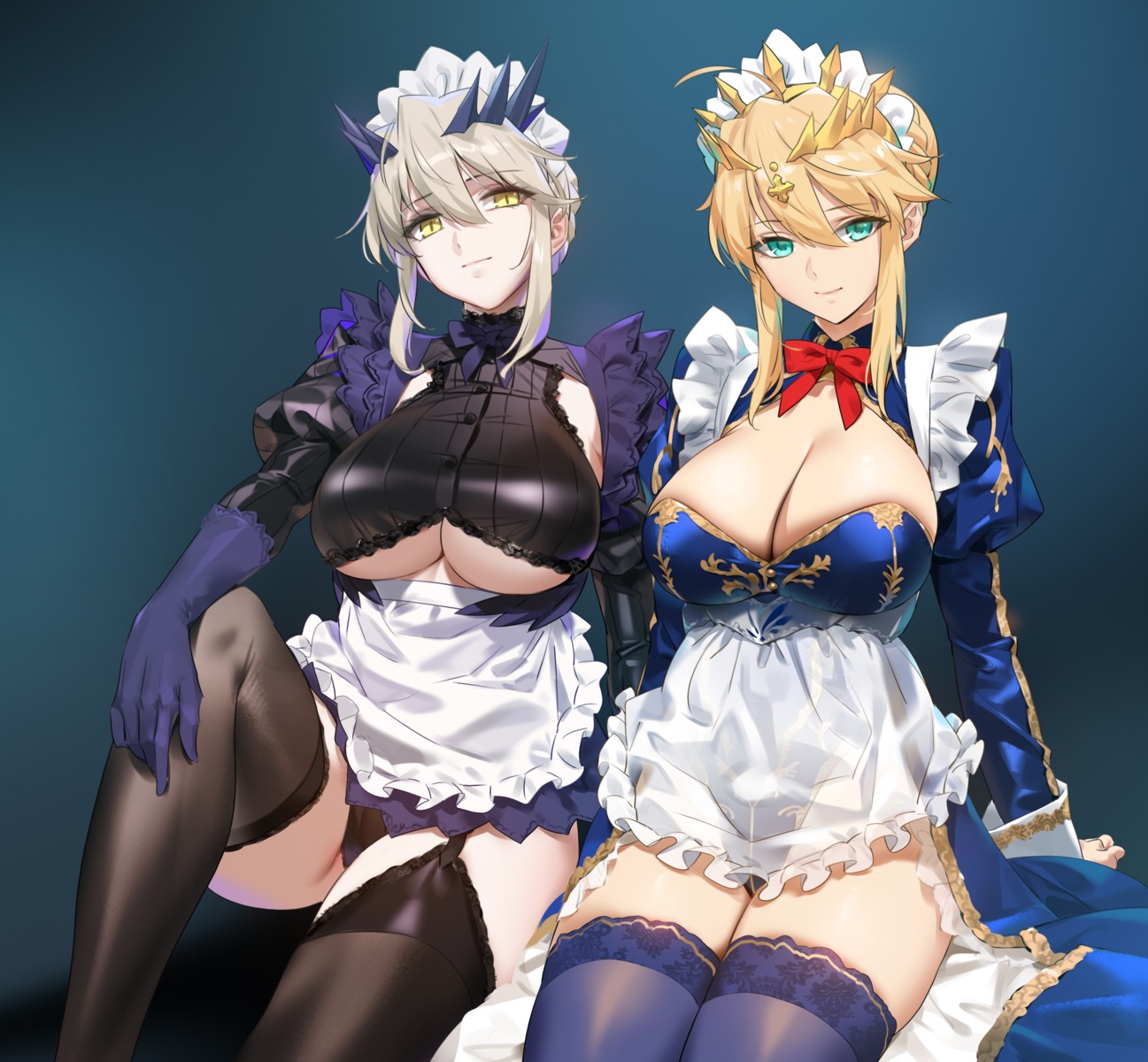 artoria_pendragon_(lancer) artoria_pendragon_alter_(fate/grand_order) cameltoe cleavage fate/grand_order leotard maid no_bra pantsu see_through skirt_lift stockings thighhighs underboob yd_(orange_maru)