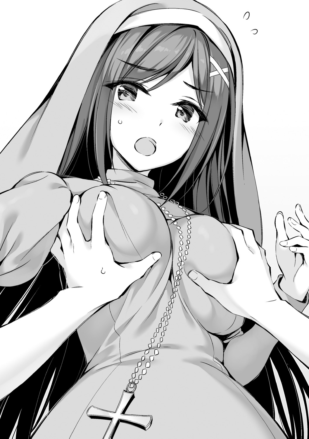 boku_no_kanojo_sensei breast_grab jinsho_karen monochrome nun oryou