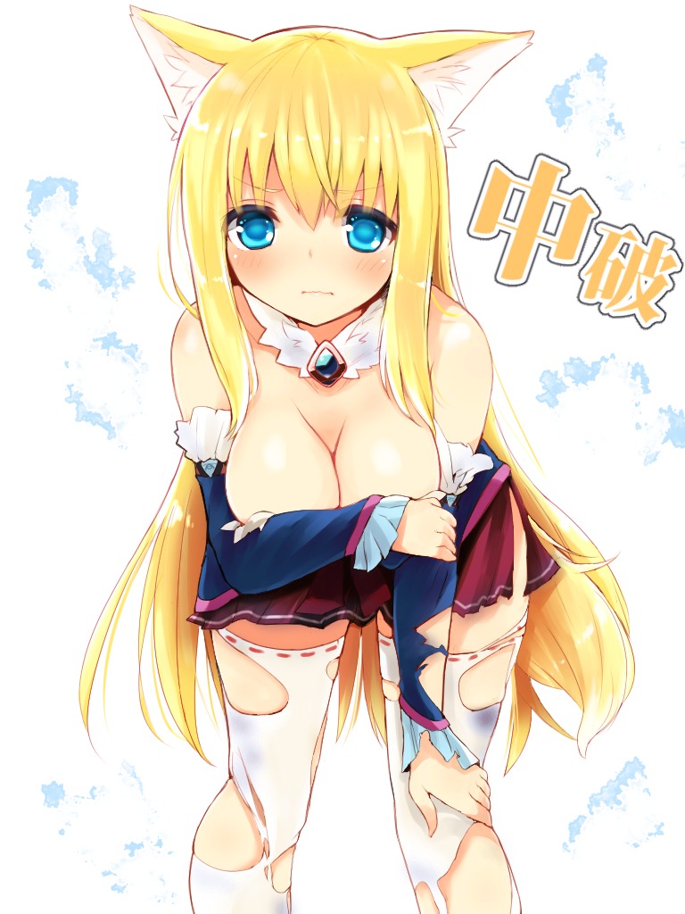 animal_ears breast_hold cleavage kitsune naomi_(sekai_no_hate_no_kissaten) tail thighhighs torn_clothes