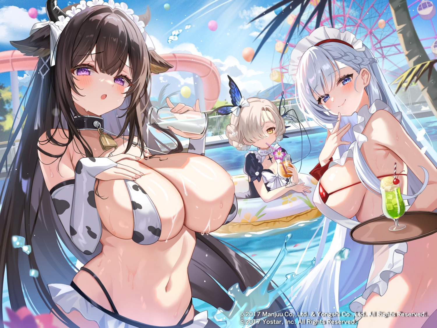 animal_ears azur_lane belfast_(azur_lane) bikini horns kashino_(azur_lane) satoupote sheffield_(azur_lane) swimsuits wet