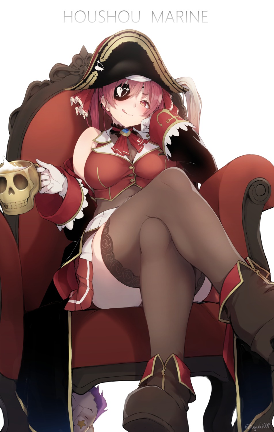 eyepatch hololive houshou_marine nanahara_fuyuki pirate skirt_lift thighhighs