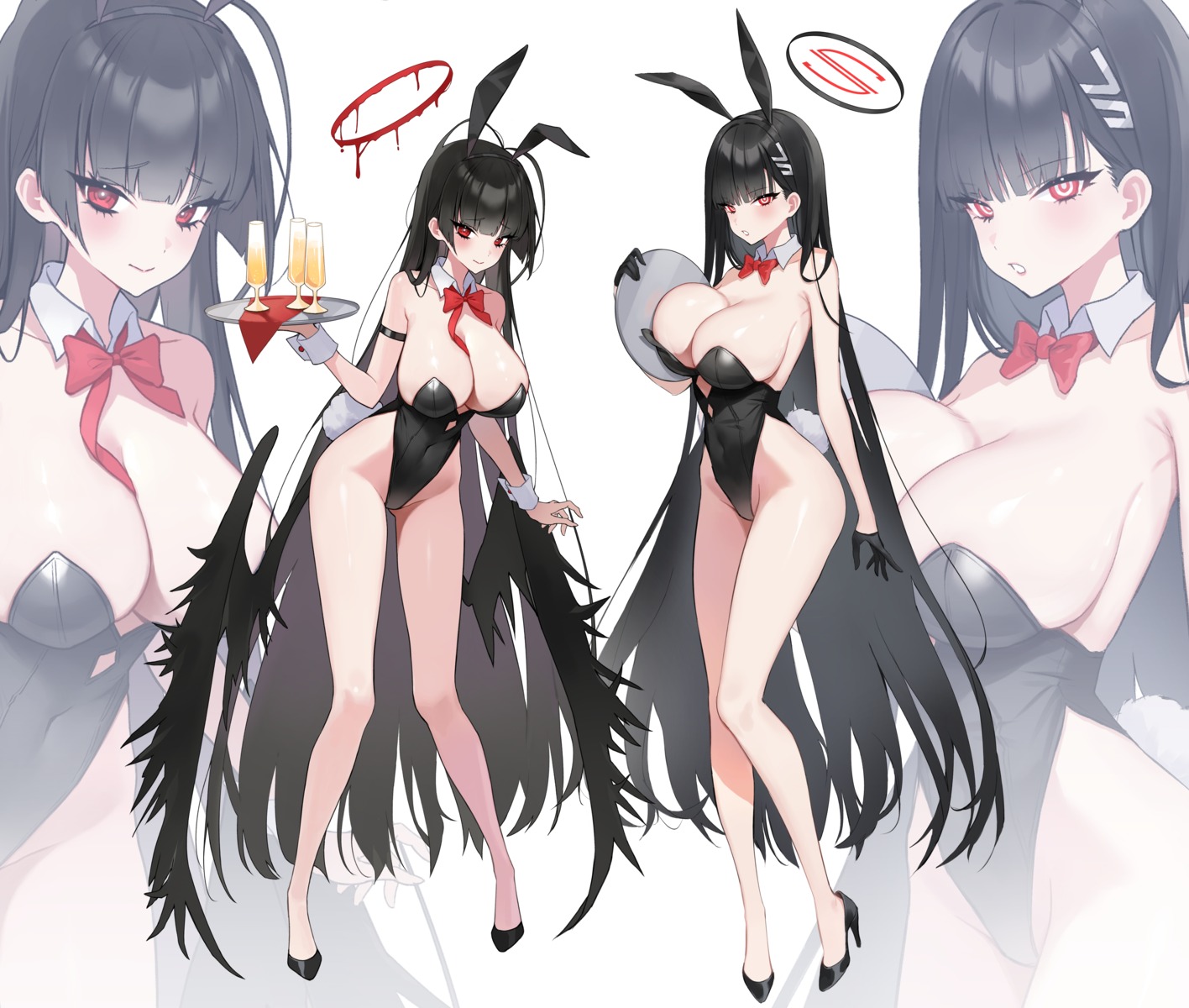 angel animal_ears blue_archive bunny_ears bunny_girl halo heels hovaku kenzaki_tsurugi no_bra tail tsukatsuki_rio waitress wings