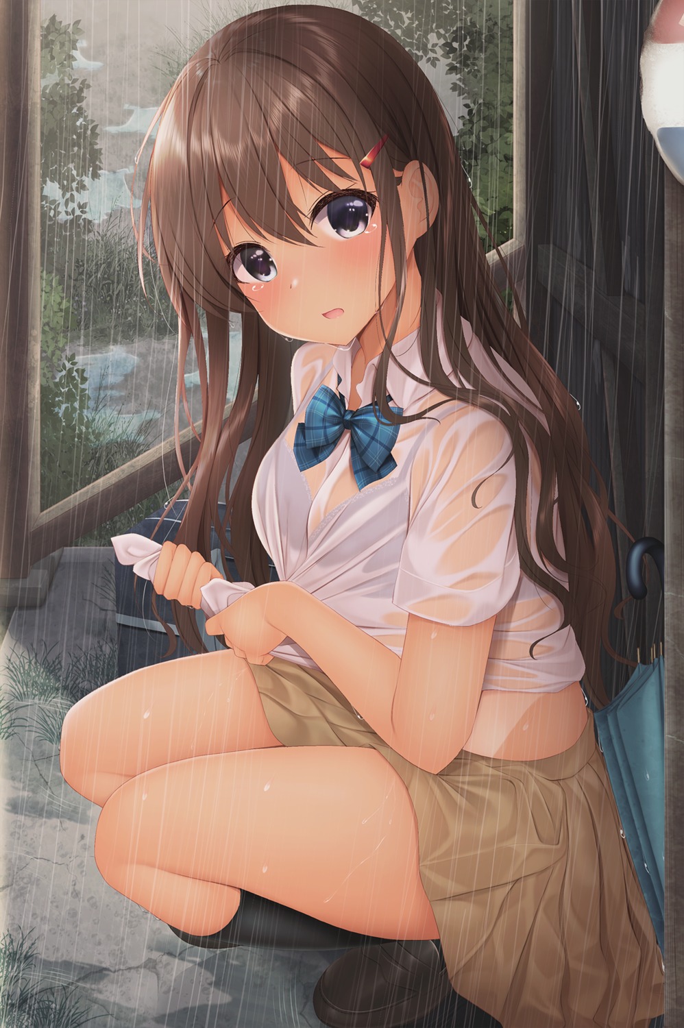 bra minato_ojitan see_through seifuku shirt_lift skirt_lift wet wet_clothes