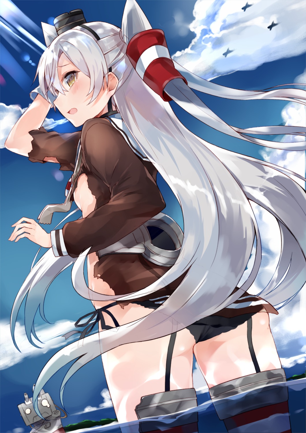 amatsukaze_(kancolle) kantai_collection kou_mashiro no_bra pantsu rensouhou-kun see_through seifuku stockings string_panties thighhighs torn_clothes wet