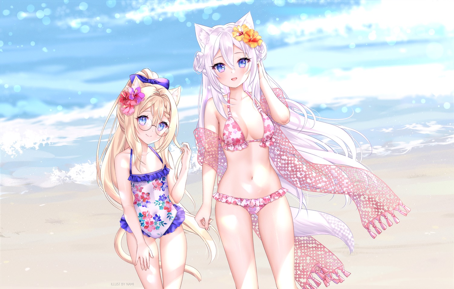 animal_ears bikini megane nami_(nyaa) nekomimi swimsuits tail