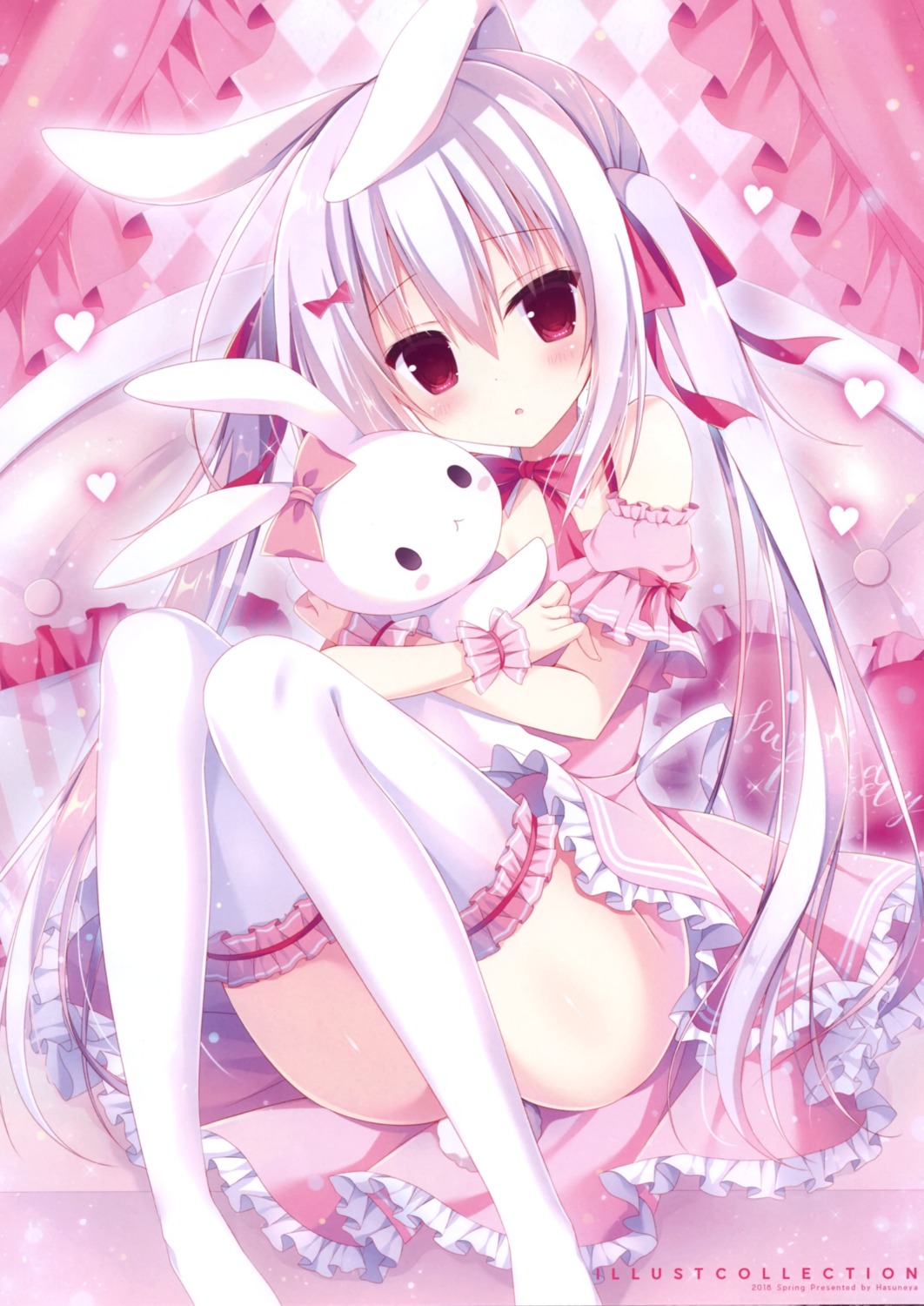 animal_ears bunny_ears cleavage dress hasune hasuneya skirt_lift tail thighhighs