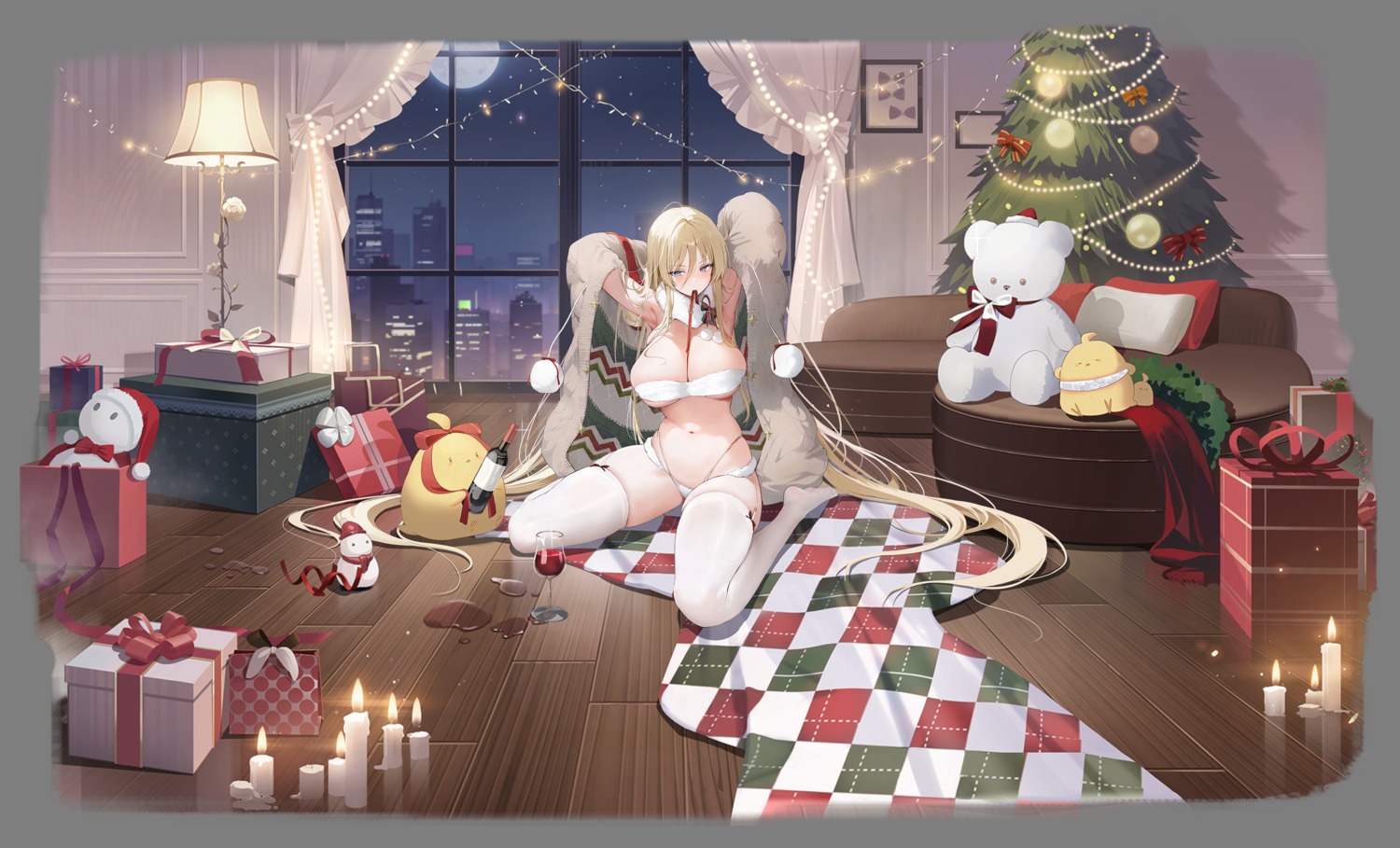 azur_lane bikini bismarck_(azur_lane) christmas kurumi_(recycllamo) manjuu_(azur_lane) open_shirt stockings sweater swimsuits thighhighs transparent_png