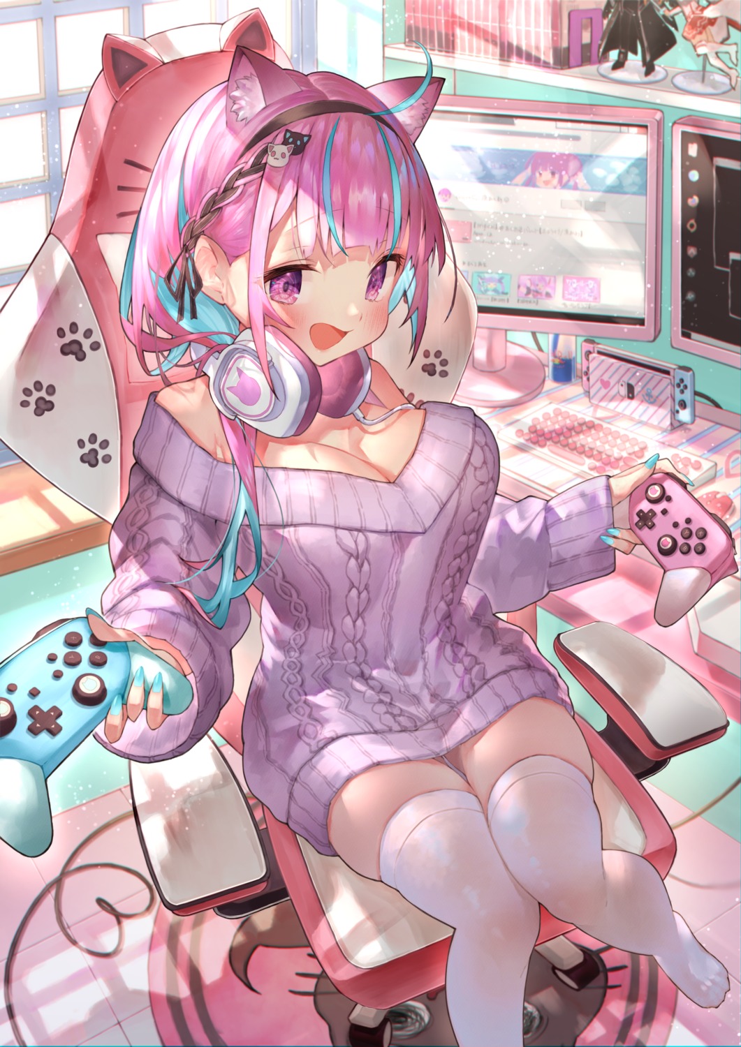 animal_ears cleavage dress headphones hololive minato_aqua nekomimi no_bra rin31153336 sweater thighhighs